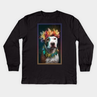 American Staffordshire Terrier Pitbull Vibrant Tropical Flower Tall Digital Oil Painting Portrait  8 Kids Long Sleeve T-Shirt